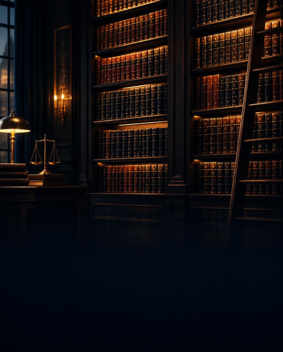 Biblioteca de derecho con libros y balanza dorada
